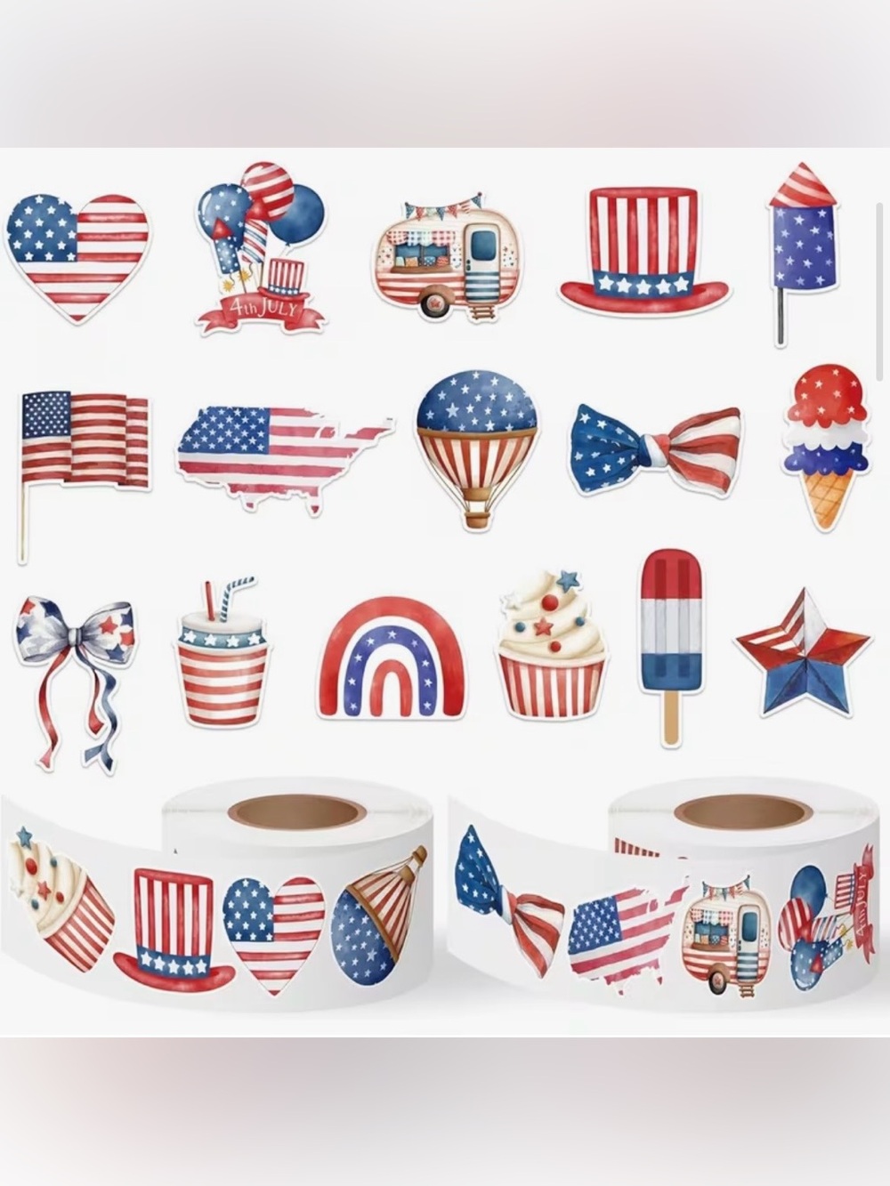 500 Patriotic USA Stickers America 16 Designs Flag Ice Cream Balloons Cupcake
